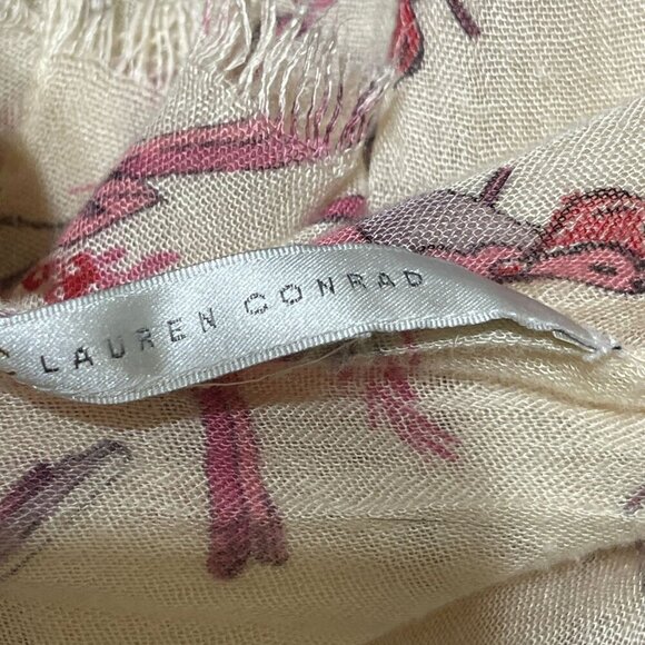 Lauren Conrad Lightweight Scarf Pink Cream Birds Fringe One Size - Picture 2 of 4